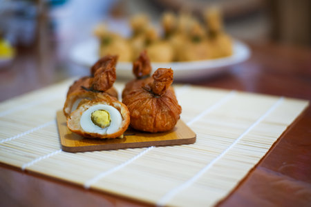 Homemade EKado snack, containing shrimp quail eggs and tofu skin