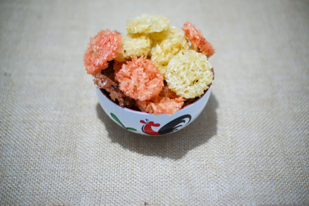various colorful raw Rengginang are traditional Indonesian crackers made from sticky rice