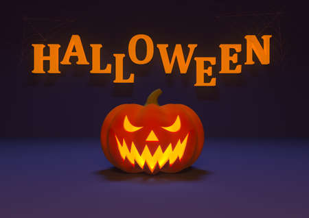 Holiday card for Halloween. Purple background and orange pumpkins. 3d illustration.の写真素材