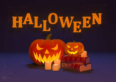 Holiday card for Halloween. Purple background and orange pumpkins. 3d illustration.の写真素材