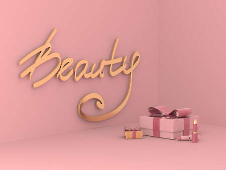 Greeting card for a beauty salon with the inscription Beauty and boxes with gifts. Beautiful 3d illustration for you.の写真素材