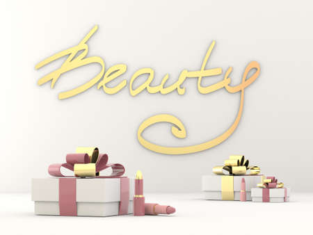 Greeting card for a beauty salon with the inscription Beauty and boxes with gifts. Beautiful 3d illustration for you.の写真素材