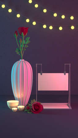 Red rose in a vase, stylish fashionable card for a loved one for a holiday. Fashionable 3D illustration.の写真素材
