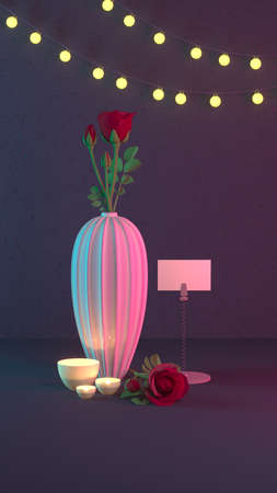 Red rose in a vase, stylish fashionable card for a loved one for a holiday. Fashionable 3D illustration.の写真素材