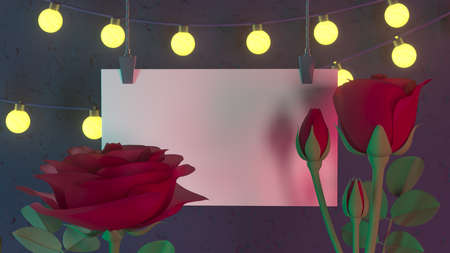 Red rose in a vase, stylish fashionable card for a loved one for a holiday. Fashionable 3D illustration.の写真素材