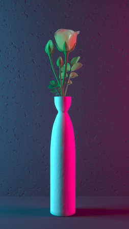 Red rose in a vase, stylish fashionable card for a loved one for a holiday. Fashionable 3D illustration.の写真素材