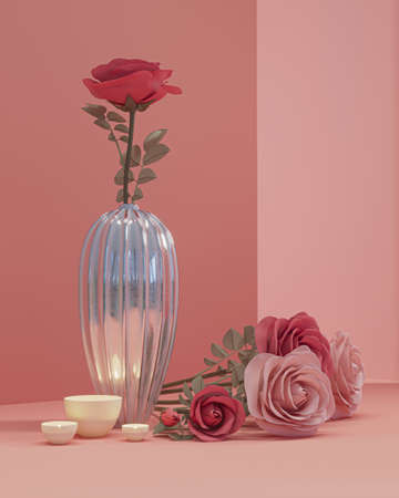 A bouquet of roses in a vase, a stylish card for the holiday and your business, wedding invitations, a gift to a friend or loved one and for promotion in social networks. Fashionable 3D illustration.の写真素材