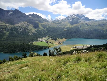 Silvaplana and Silvaplanersee lake, Engadine, Switzerlandの写真素材