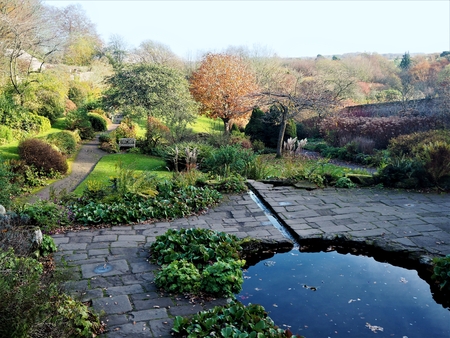 Walled garden and water feature at Wallington, Northumberland, England, in winterの写真素材