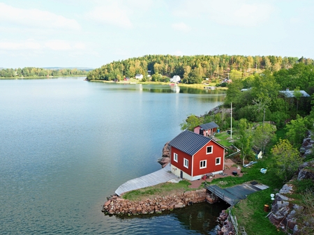 View over the Farjsundet sea channel from near Godby, Aland, Finlandの写真素材