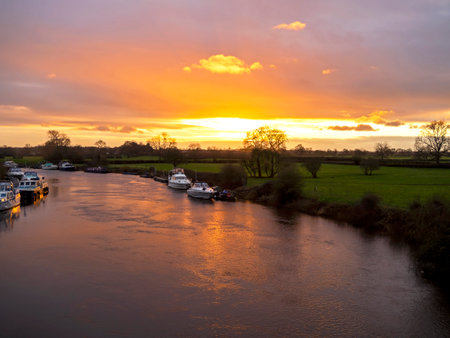 Sunset over the River Ouse near York, Englandの写真素材