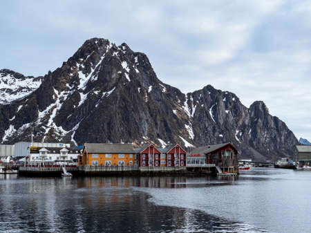 Buildings and rocky coast Svolvaer, Lofoten Islands, Norwayのeditorial素材