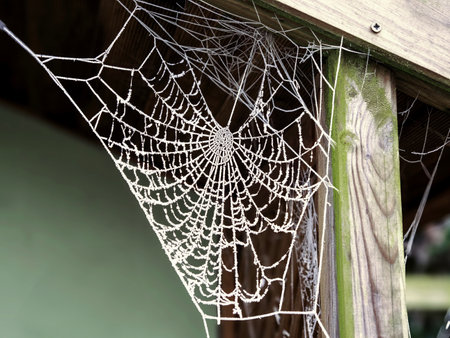 Frozen spiderweb on a wooden garden seatの写真素材