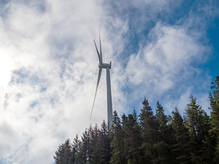 Wind turbine among evergreen trees with a cloudy blue skyの写真素材