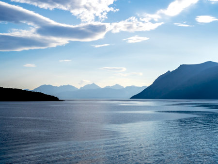 Mountains on the coast of Norway seen from the seaの写真素材