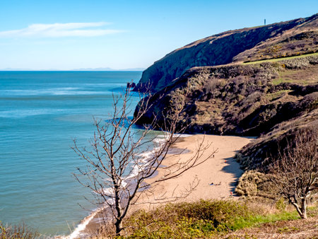 Penbryn beach seen from the Ceredigion Coast Path, Walesの写真素材