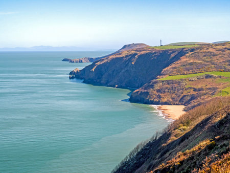 Penbryn beach seen from the Ceredigion Coast Path, Walesの写真素材