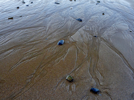 Pebbles and patterns in a sandy beachの写真素材