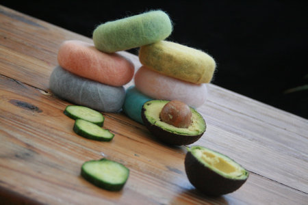 Organic wool wrapped soap with the ingredients.の写真素材