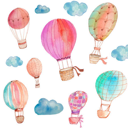 Painted Watercolor Hot Air Balloons With Watercolor Cloudsの写真素材