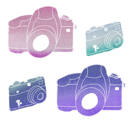 Set of Four Watercolor Cameras With Textured Hand Painted Watercolor Styleの写真素材