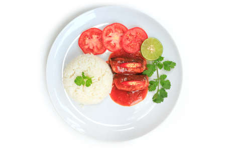 fish mackerel sauce on white backgroundの写真素材