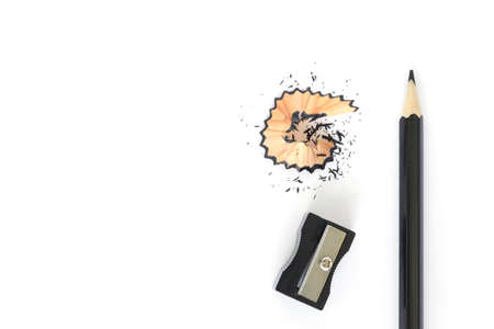 pencils , sharpener shave black drawing on white backgroundの写真素材