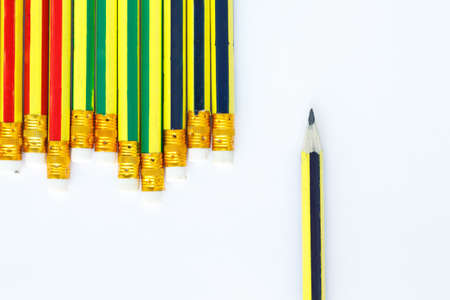 pencil black, blue, brown tool art on white backgroundの写真素材