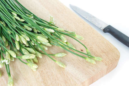 chinese chive flowerring onions stalk vegetable food on cutting board on white backgroundの写真素材