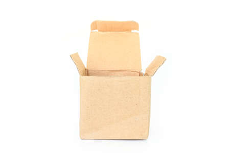brown paper box open on white background.の写真素材
