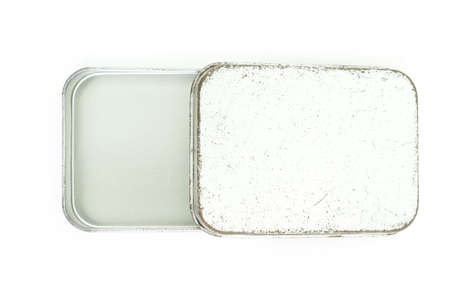 gray silver or steel box old open cover top view on white background.の写真素材