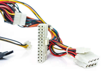 closeup of a computer power supply cable on a white background