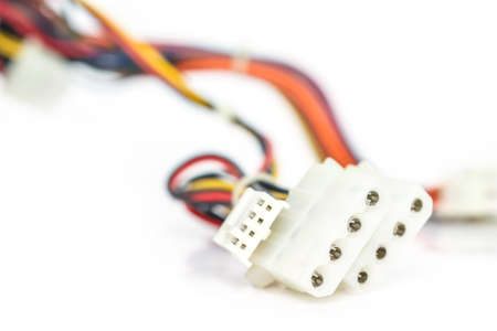 closeup of a computer power supply cable on a white background