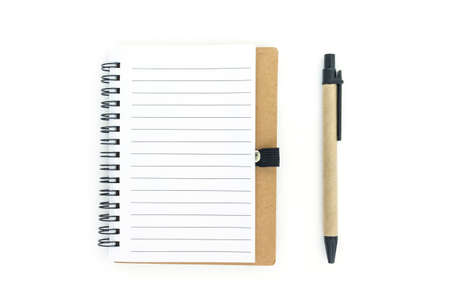 notebook and pen on white background.