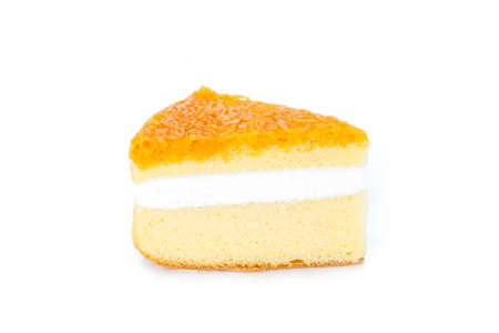 Slice of delicious orange cake on white background.