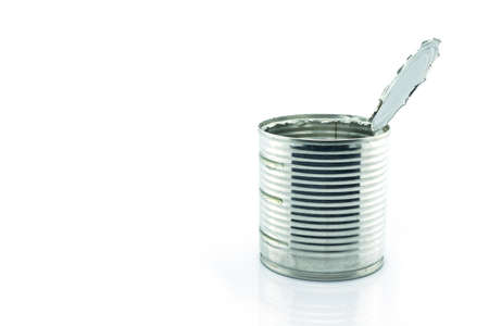 open tin can recycle protect environment on white background.