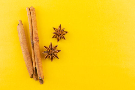 cinnamon and star anise on yellow background.の写真素材