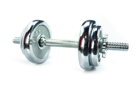 dumbbell silver set on white background.の写真素材