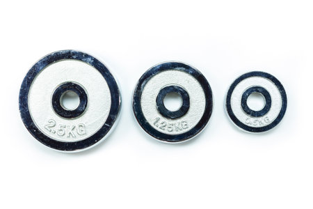 dumbbell silver set top view on white background.