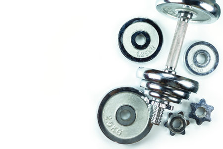 dumbbell silver set top view on white background.の写真素材