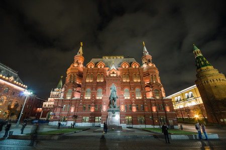 The State Historical Museum of Russia at night. Monument to Marshal Zhukov - the great Soviet...