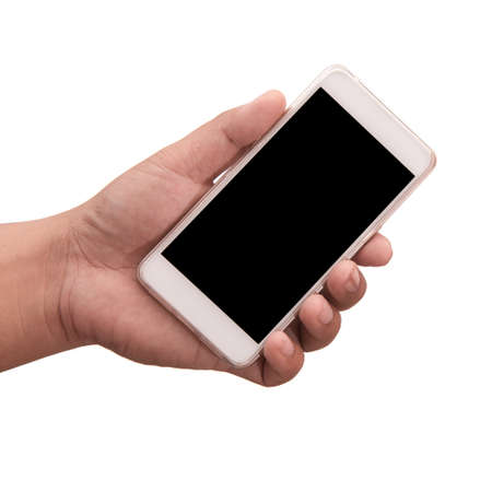 isolated hand holding smartphone with black screenの写真素材