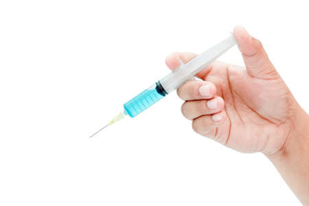 hand holding syringe isolated on white backgroundの写真素材