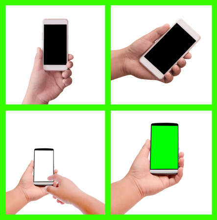 isolated set of hand holding smart phone with green and white and black screen, easy selection of collection hand support smart device on green backgroundの写真素材