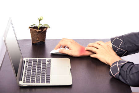 office woman pain at right wrist, case woman woking at table and pain at right wrist because of hard...