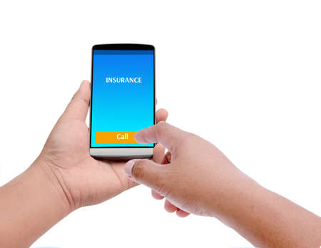 left hand holding smart phone and right hand touching screen of phone, isolated on white background, insurance and call text in screenの写真素材