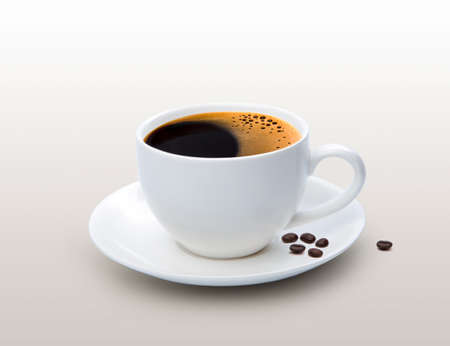 espresso coffee in white cup with dish or plate and few coffee beans on gray backgroundの写真素材