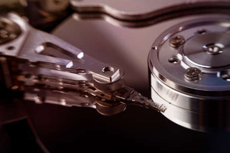 inside of hard disc or PC disc drive, close up or macro photography of hard drive show cylinderの写真素材