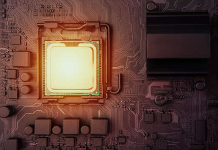 cpu installed on black motherboard, central processing unit on dark boardの写真素材