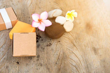 spa soap and coffee powder for skin scratch and pluemeria flower